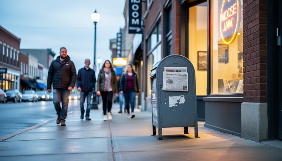“People walking along a Moose Jaw street past a newspaper box and storefront, suggesting local news in everyday life”