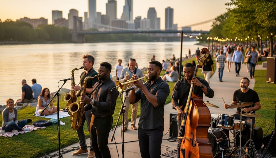 Outdoor jazz band playing on a downtown riverbank with musicians in the foreground and golden-hour lighting.