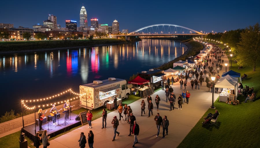 Outdoor summer evening event near a river with string lights and reflections