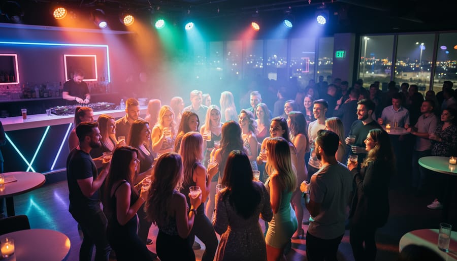 People dancing under neon nightclub lights in Saskatoon