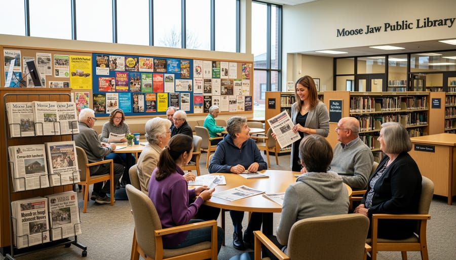 People enter the Moose Jaw Public Library, with natural light and blurred program materials in the background.