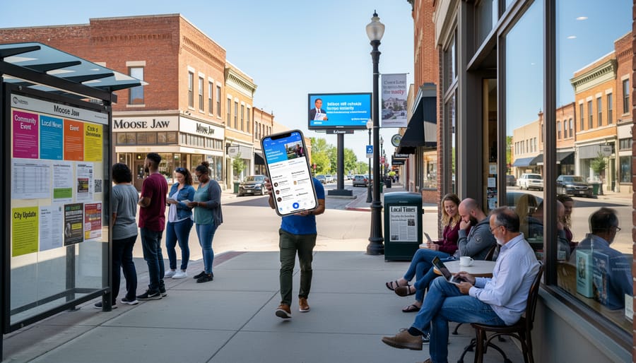 Residents walk along a Moose Jaw street near a newspaper box and storefront during blue hour lighting.