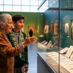 An Elder and a young visitor in a Saskatchewan museum share language-learning materials in a warmly lit gallery space.
