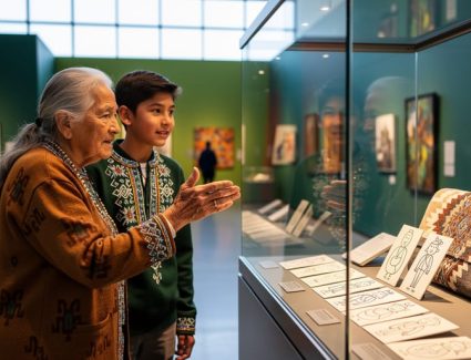 An Elder and a young visitor in a Saskatchewan museum share language-learning materials in a warmly lit gallery space.