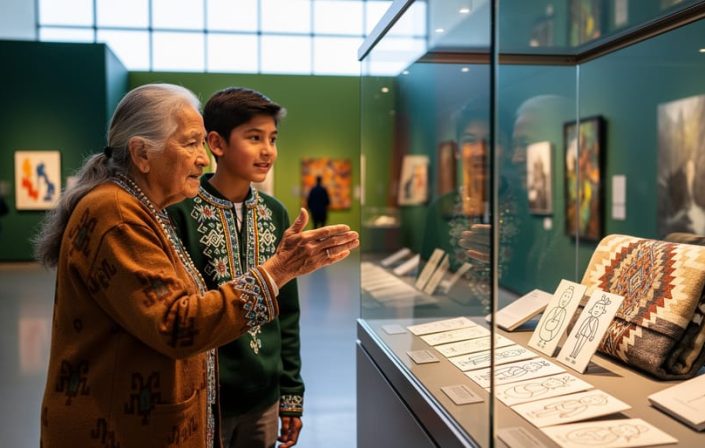 An Elder and a young visitor in a Saskatchewan museum share language-learning materials in a warmly lit gallery space.