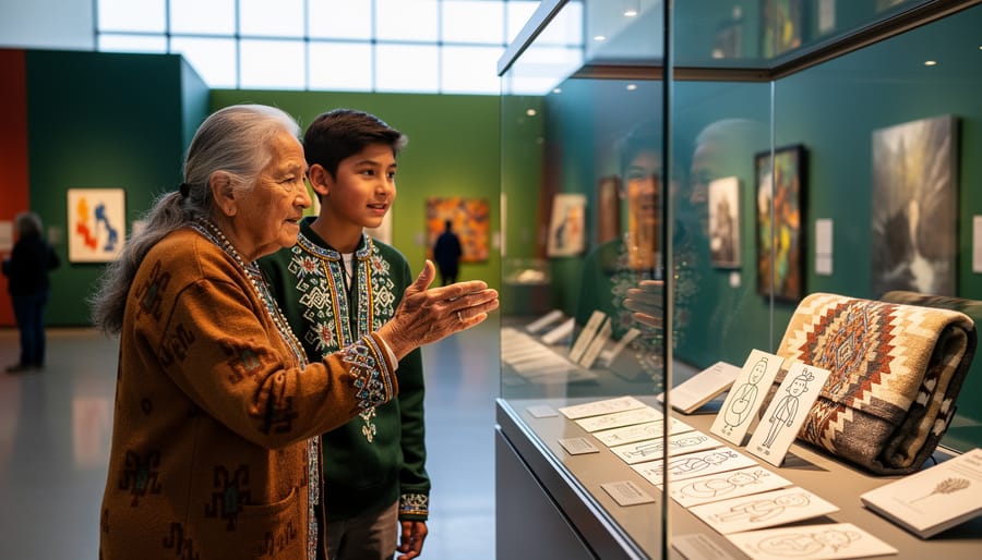 An Elder and a young visitor in a Saskatchewan museum share language-learning materials in a warmly lit gallery space.