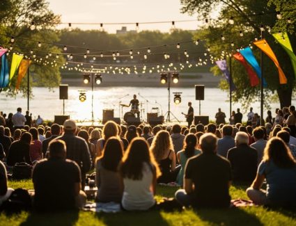 People gathered at an outdoor music stage during a warm summer evening festival near the South Saskatchewan River in Saskatoon.