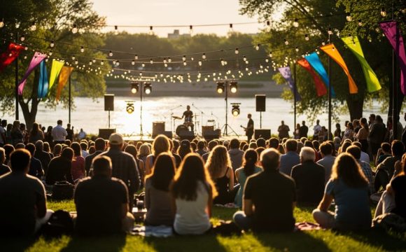 People gathered at an outdoor music stage during a warm summer evening festival near the South Saskatchewan River in Saskatoon.