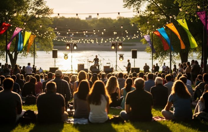 People gathered at an outdoor music stage during a warm summer evening festival near the South Saskatchewan River in Saskatoon.