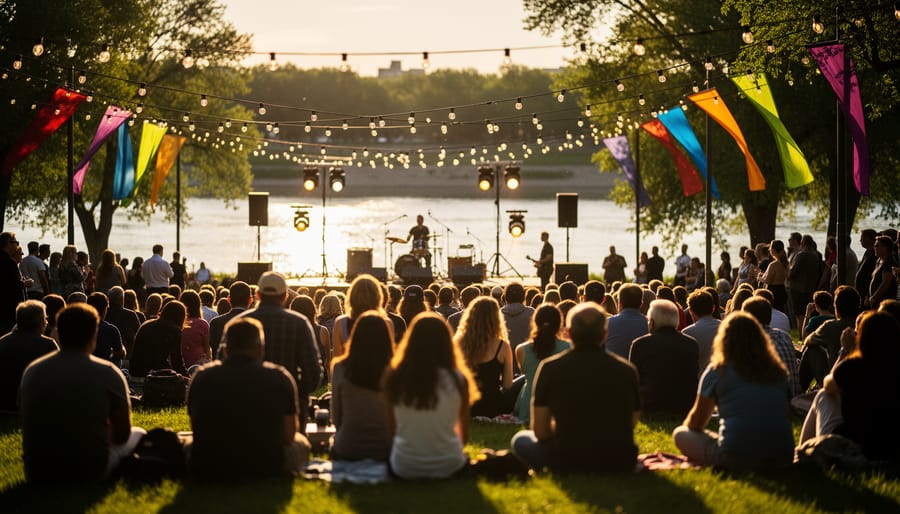 People gathered at an outdoor music stage during a warm summer evening festival near the South Saskatchewan River in Saskatoon.