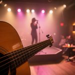 Close-up of an acoustic guitar with warm stage lights and a silhouetted singer performing in an intimate downtown venue.