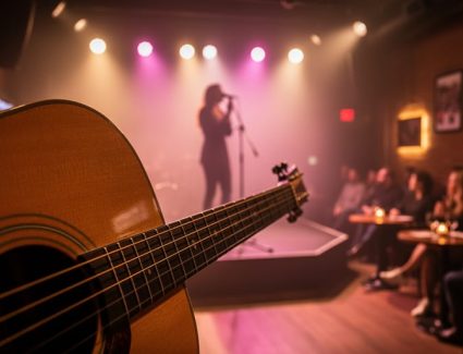 Close-up of an acoustic guitar with warm stage lights and a silhouetted singer performing in an intimate downtown venue.
