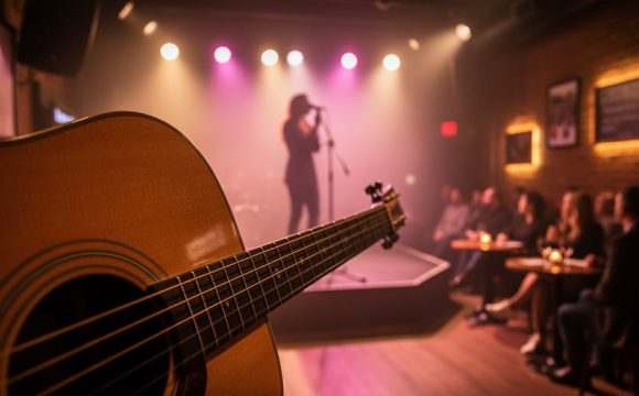 Close-up of an acoustic guitar with warm stage lights and a silhouetted singer performing in an intimate downtown venue.