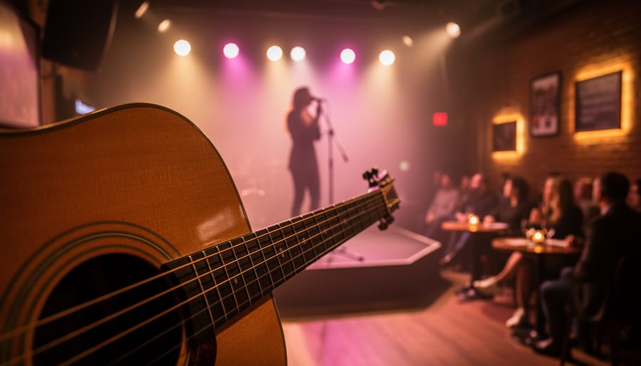 Close-up of an acoustic guitar with warm stage lights and a silhouetted singer performing in an intimate downtown venue.