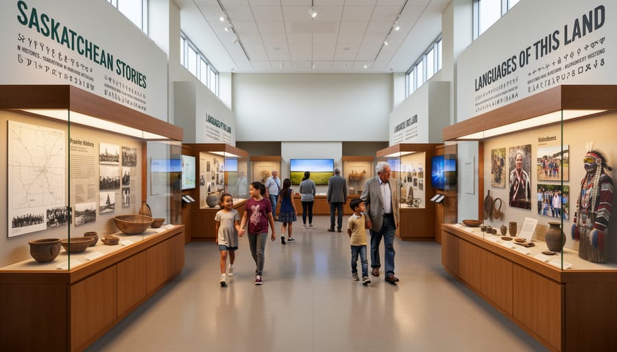 Wide view of a Saskatchewan museum gallery interior with display cases and natural light.