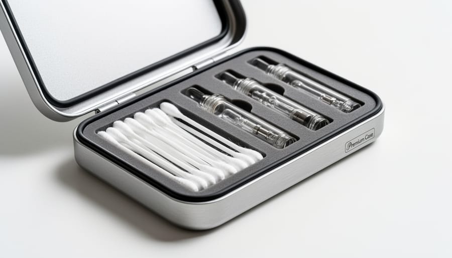 Brushed aluminum pill-style case with threaded seal beside cotton Q tips and a protective glass vape tip