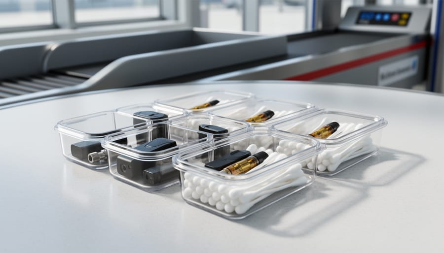 Transparent stackable travel containers with Q tips and vape cartridges on an airport counter