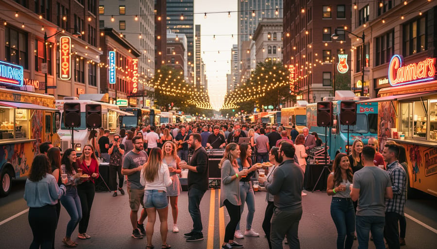 People enjoying a downtown jazz festival at dusk with string lights, food stalls, and a busker in the background