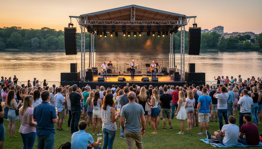 Jazz musicians performing on a riverbank stage with the river and audience in the background