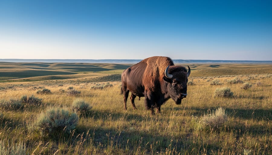Bison standing on prairie grass with badlands landscape in the background at Grasslands National Park
