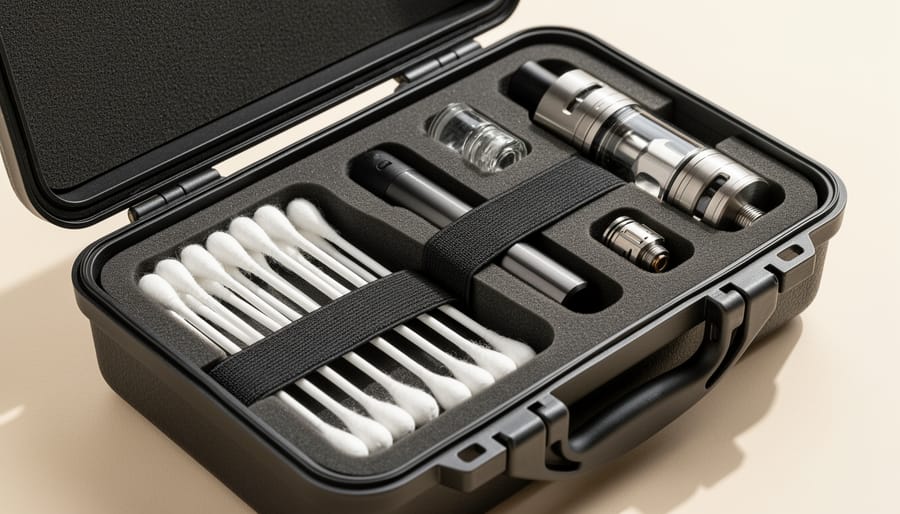 Hard-shell travel case opened showing Q tips and vape cartridges with a fragile glass mouthpiece in separate compartments