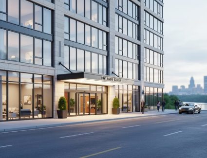 Modern hotel exterior in Saskatoon, Saskatchewan with soft daylight and a blurred view of the river valley in the background.