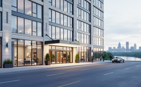 Modern hotel exterior in Saskatoon, Saskatchewan with soft daylight and a blurred view of the river valley in the background.