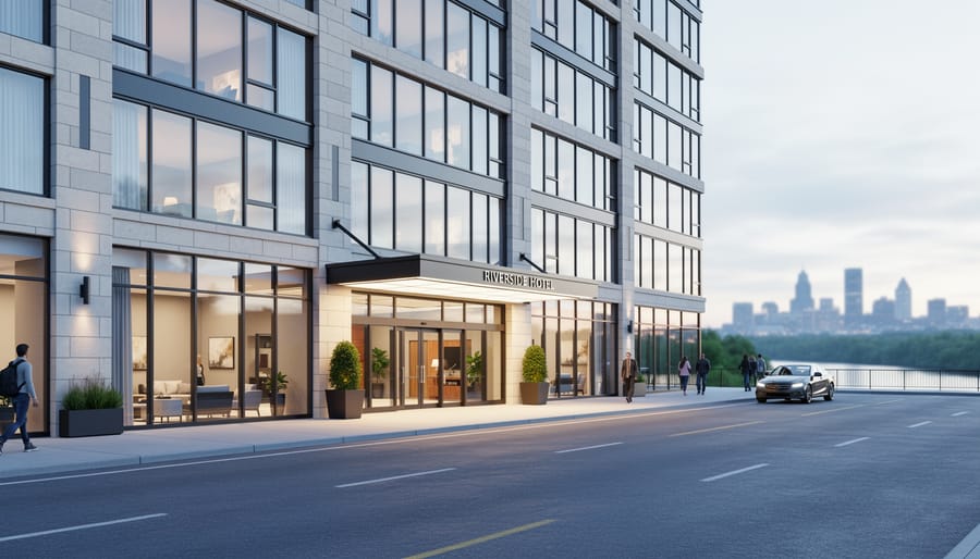 Modern hotel exterior in Saskatoon, Saskatchewan with soft daylight and a blurred view of the river valley in the background.