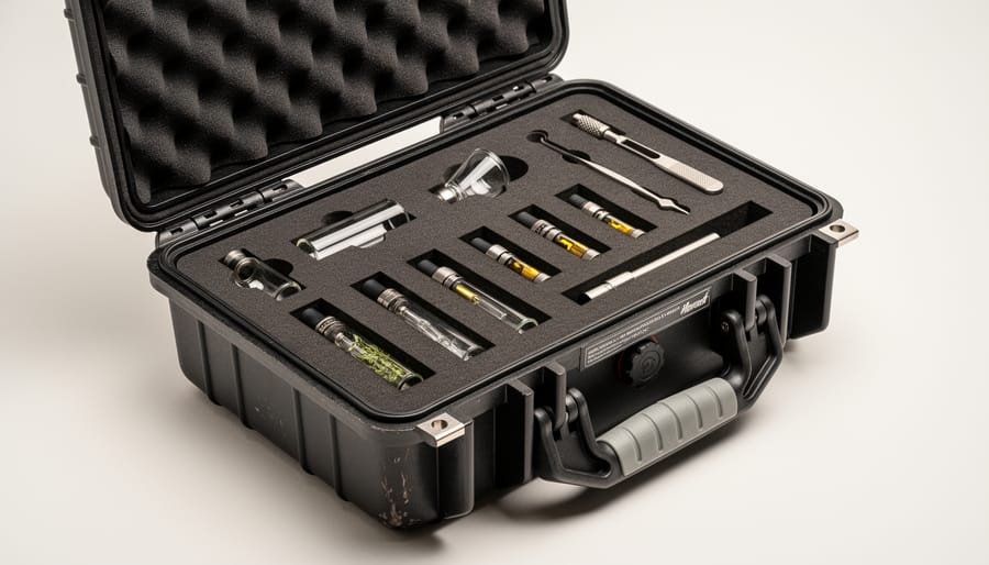 Mini hard case with pluck foam insert holding Q tips and delicate vape glass tips securely