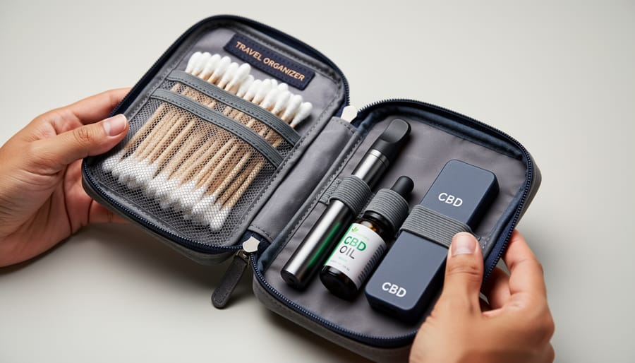 Multi-pocket zippered pouch open showing Q tips, vape battery, charger cable, and small tincture bottles