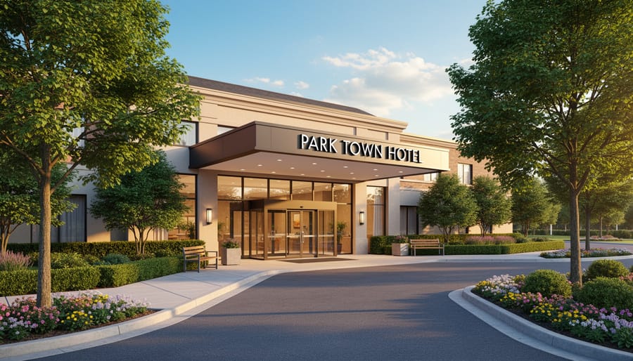 Park Town Hotel exterior entry and surrounding landscaping