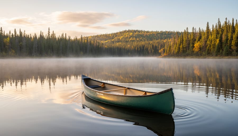 Canoe on a still lake at sunrise with pine forest shoreline in Prince Albert National Park