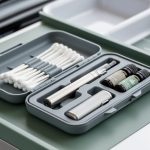 Open hard-shell Q-tip travel case with cotton swabs and separate compartments holding a vape pen and CBD oil vials, arranged neatly for travel.