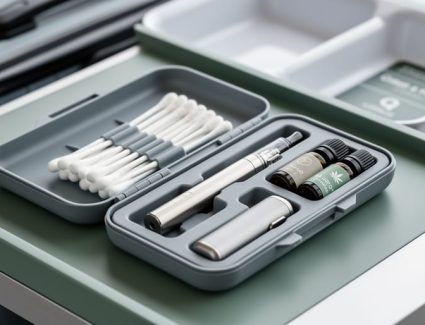 Open hard-shell Q-tip travel case with cotton swabs and separate compartments holding a vape pen and CBD oil vials, arranged neatly for travel.