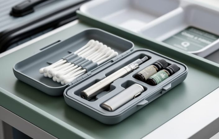 Open hard-shell Q-tip travel case with cotton swabs and separate compartments holding a vape pen and CBD oil vials, arranged neatly for travel.