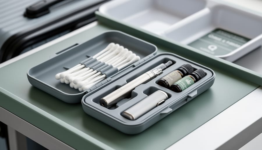 Open hard-shell Q-tip travel case with cotton swabs and separate compartments holding a vape pen and CBD oil vials, arranged neatly for travel.
