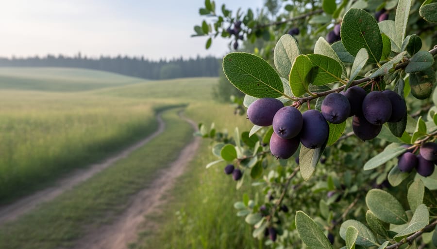 Close-up of ripe Saskatoon berries on a leafy branch