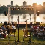 Outdoor jazz festival stage on Saskatoon’s riverbank at sunset with brass instruments, microphones, and a small seated crowd.