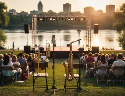 Outdoor jazz festival stage on Saskatoon’s riverbank at sunset with brass instruments, microphones, and a small seated crowd.