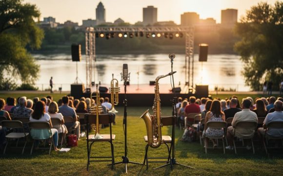 Outdoor jazz festival stage on Saskatoon’s riverbank at sunset with brass instruments, microphones, and a small seated crowd.