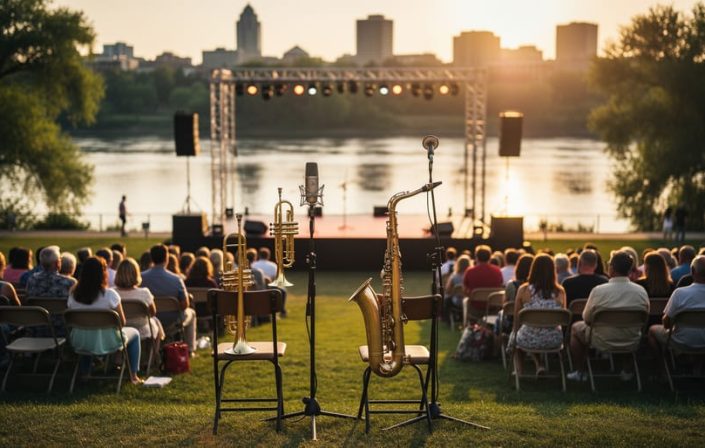 Outdoor jazz festival stage on Saskatoon’s riverbank at sunset with brass instruments, microphones, and a small seated crowd.