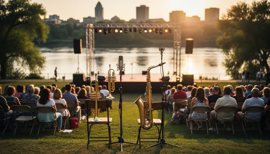 Outdoor jazz festival stage on Saskatoon’s riverbank at sunset with brass instruments, microphones, and a small seated crowd.