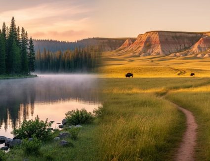 Wide landscape showing boreal forest and a lake transitioning into prairie grasslands with distant badlands hills and grazing bison silhouettes.