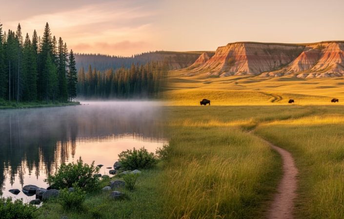 Wide landscape showing boreal forest and a lake transitioning into prairie grasslands with distant badlands hills and grazing bison silhouettes.