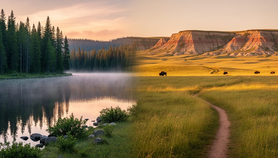 Wide landscape showing boreal forest and a lake transitioning into prairie grasslands with distant badlands hills and grazing bison silhouettes.