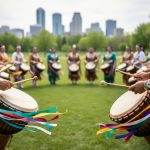 Outdoor round dance gathering in Saskatoon with dancers forming a circle and drumming at the center in soft daylight.