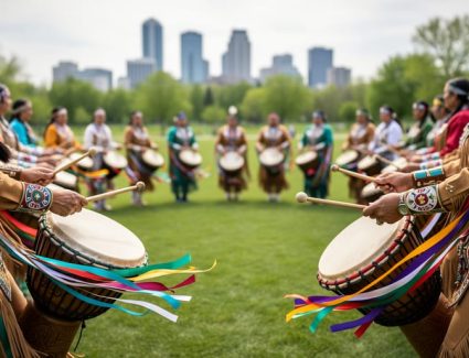 Outdoor round dance gathering in Saskatoon with dancers forming a circle and drumming at the center in soft daylight.