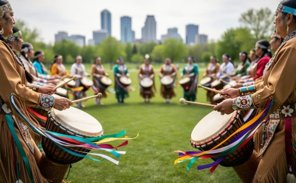Outdoor round dance gathering in Saskatoon with dancers forming a circle and drumming at the center in soft daylight.