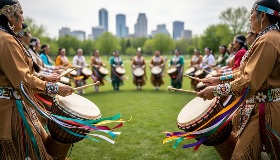 Outdoor round dance gathering in Saskatoon with dancers forming a circle and drumming at the center in soft daylight.
