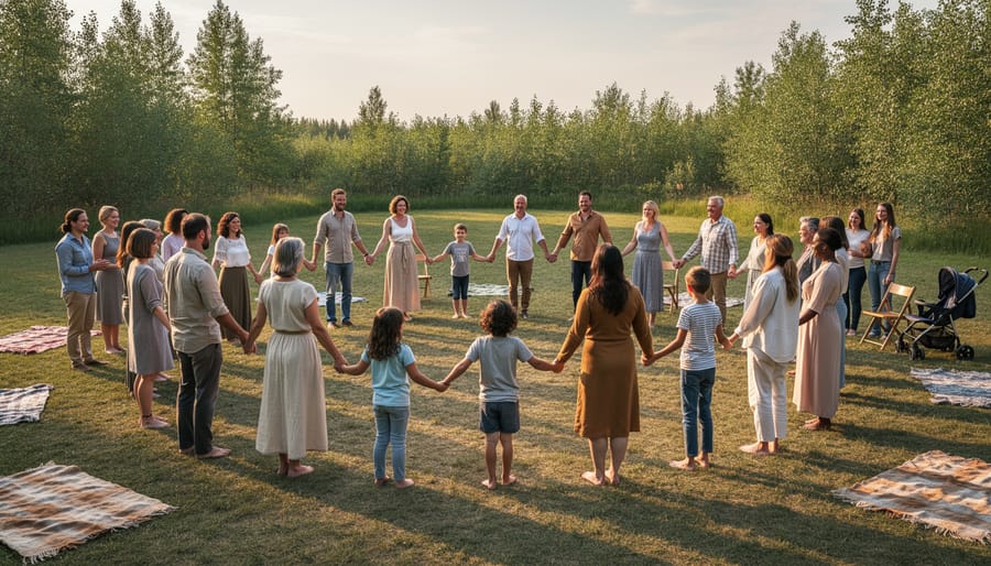People holding hands in a circle during an outdoor Indigenous dance gathering while others sit in the background